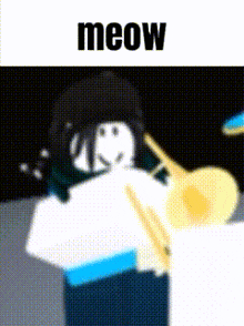 a cartoon character is playing a trombone and the word meow is on the bottom .