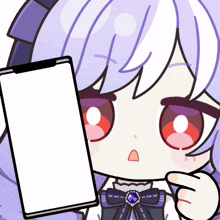 a girl with purple hair is holding a phone with a white screen