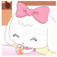 a cartoon bunny with a pink bow on her head drinking a glass of orange juice