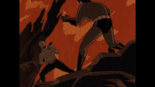 a cartoon of a man wearing a batman t-shirt is holding his fist up in front of a fire .