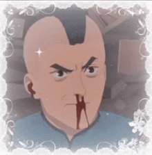 a man with blood coming out of his nose has a mohawk