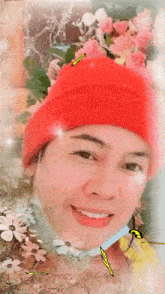 a man wearing a red hat is smiling with butterflies around his face