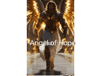 a man with golden wings is walking down a path with the words anger of hope below him