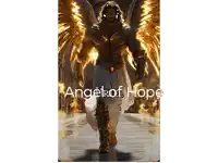a man with golden wings is walking down a path with the words anger of hope below him