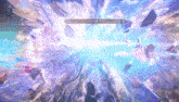a screenshot of a video game with a lot of explosions and a purple light coming out of the middle of the screen .