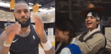 a man wearing a black nike tank top and a man wearing a cowboy hat