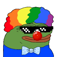 a green frog wearing a rainbow hat and sunglasses has a red nose