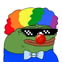 a green frog wearing a rainbow hat and sunglasses has a red nose