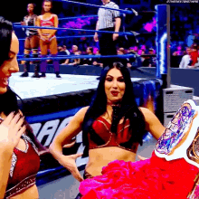 two women are standing in a wrestling ring and one of them is wearing a pink dress .