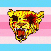 a pixel art of a tiger 's head with blood coming out of it 's eyes .