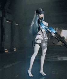 a woman in a futuristic outfit is holding a gun and wearing a hat .