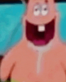 a close up of patrick star from spongebob squarepants with his mouth open and his teeth showing .