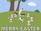 a cartoon of a dog surrounded by bunnies with the words merry easter below it