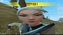 a video game character with a yellow sign that says ' bodyah ' on it