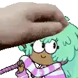 a cartoon girl with green hair and glasses is holding a stick in her hand .