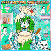 a picture of a girl with green hair and a hat that says happy national corn dog day .