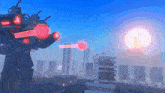 a cartoon drawing of a robot shooting a red ball in a city