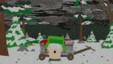 a cartoon character named kyle from south park is standing in the snow