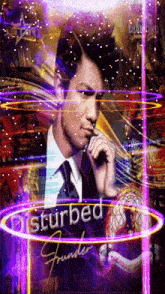 a man in a suit and tie is surrounded by purple lights and the words disturbed founder