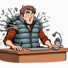 a cartoon of a man sitting at a desk with a keyboard