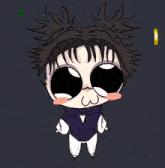 a cartoon drawing of a person with a purple shirt and white pants