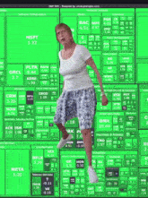 a woman is standing in front of a screen that says ' s & p 500 ' on it