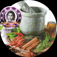 a mortar and pestle surrounded by spices and herbs