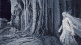 a woman in a white dress is standing in front of a large tree