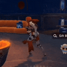 a person is standing in a room in a video game and dancing .