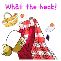 a cartoon of a girl holding a checkered blanket with the words what the heck written above her