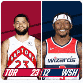 two basketball players one from the raptors and the other from the wizards are standing next to each other