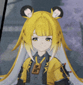 a close up of a girl with yellow hair and a necklace that says ' a ' on it