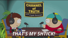 two cartoon characters are sitting at a table under a sign that says channel of truth with clyde donovan