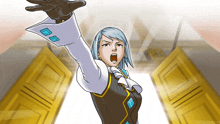 a cartoon of a woman with her arms outstretched in front of a door