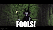 a purple background with a silhouette of a man holding a cane and the words `` fools '' written below him