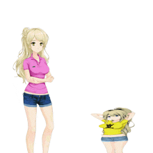 two anime girls standing next to each other with one wearing a yellow shirt that says ' snoopy '