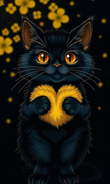 a black cat with orange eyes is holding a yellow heart