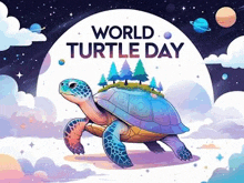 a turtle with trees on its back is flying in the sky .