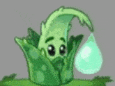 a cartoon of a green plant with a drop of water coming out of it 's mouth .