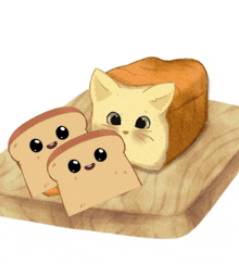 two slices of bread and a loaf of bread on a cutting board with a cat