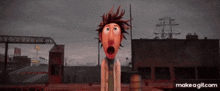 a cartoon character with a surprised look on his face is on a rooftop