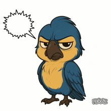 a cartoon drawing of a blue and yellow parrot with a speech bubble