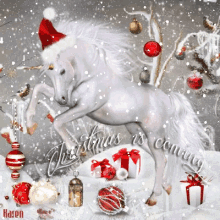 christmas is coming unicorn christmas santa hat white christmas