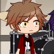 a cartoon of a boy with a scarf around his neck standing in front of a drum set