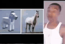 a man in a white tank top is standing next to a picture of a white horse .