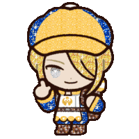 a cartoon character wearing a blue and yellow hat and giving a thumbs up