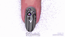 a purple bottle of nail polish is being applied to a pink nail