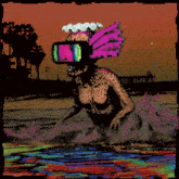 a painting of a naked woman wearing a virtual reality headset and flowers on her head
