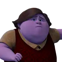 a cartoon character with purple hair and a red vest is looking at the camera