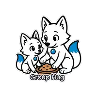 a sticker of two foxes with the words group hug written below them